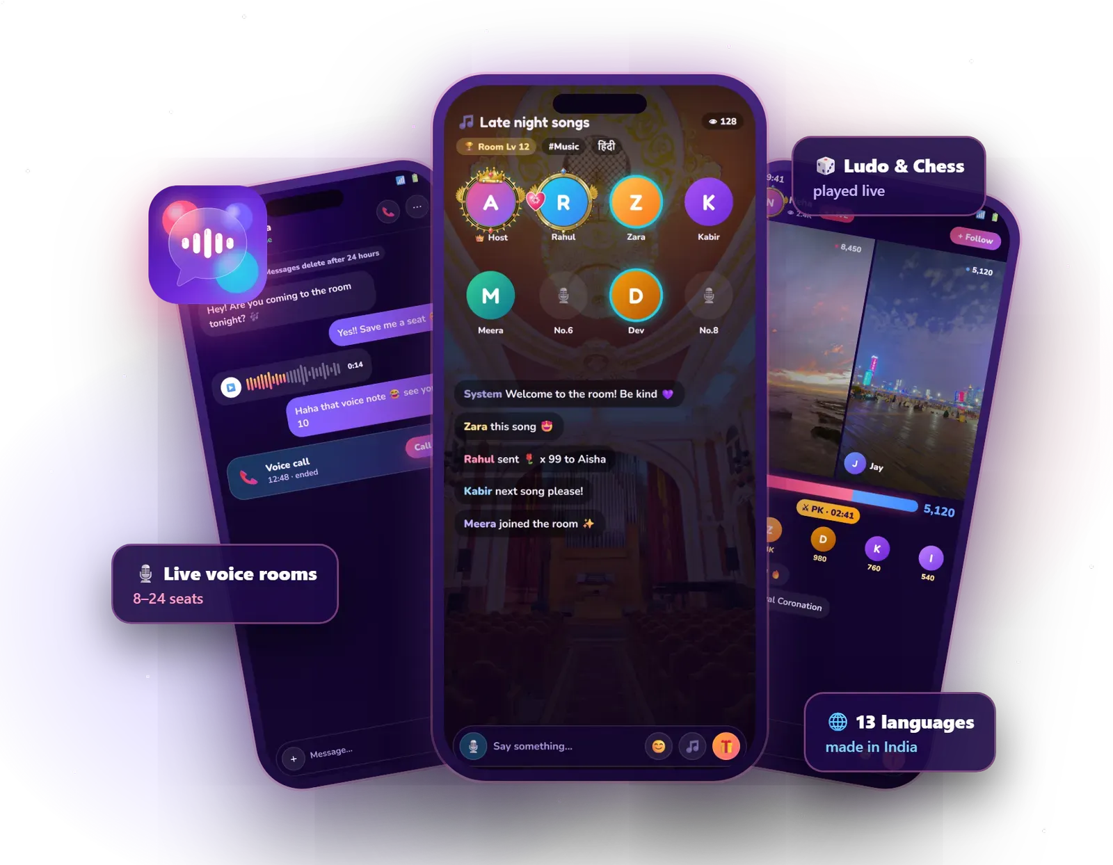 Omebly App screens: voice room, messages and live PK