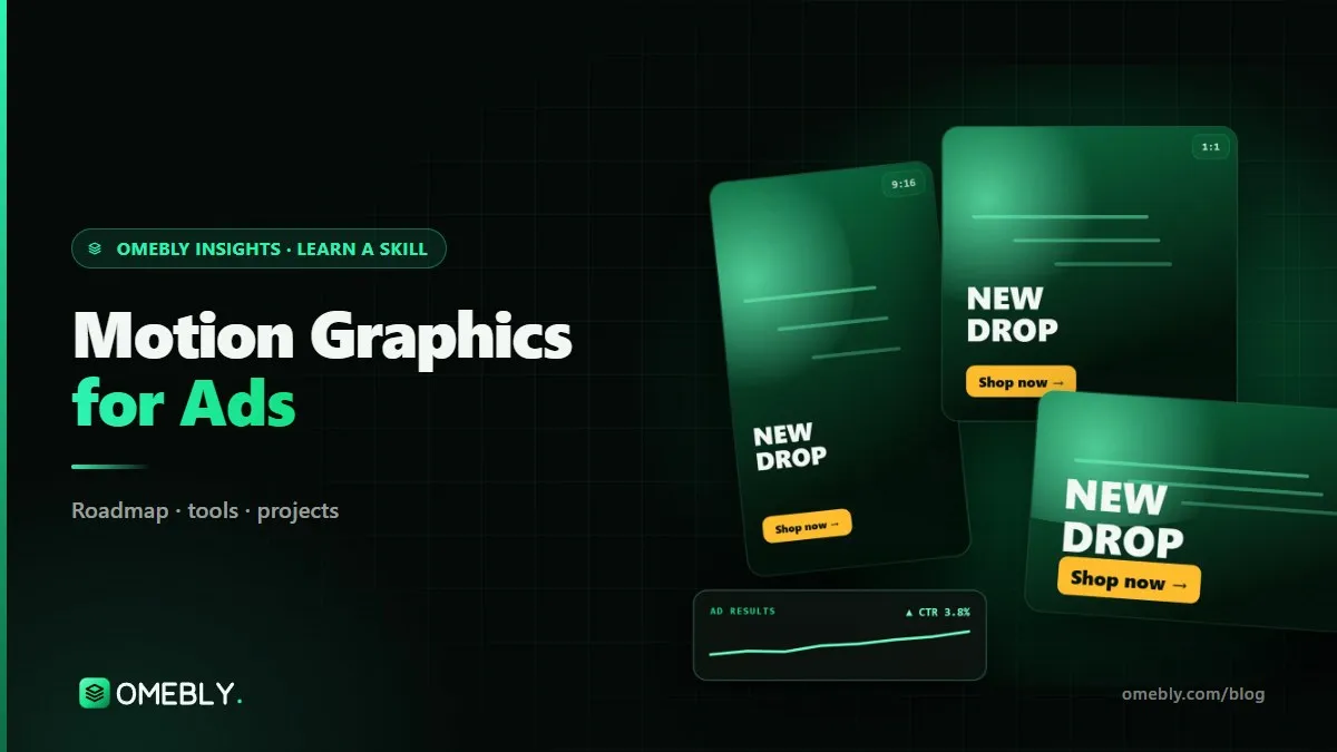 A motion designer animating a vertical product ad in After Effects with three ad variations on screen