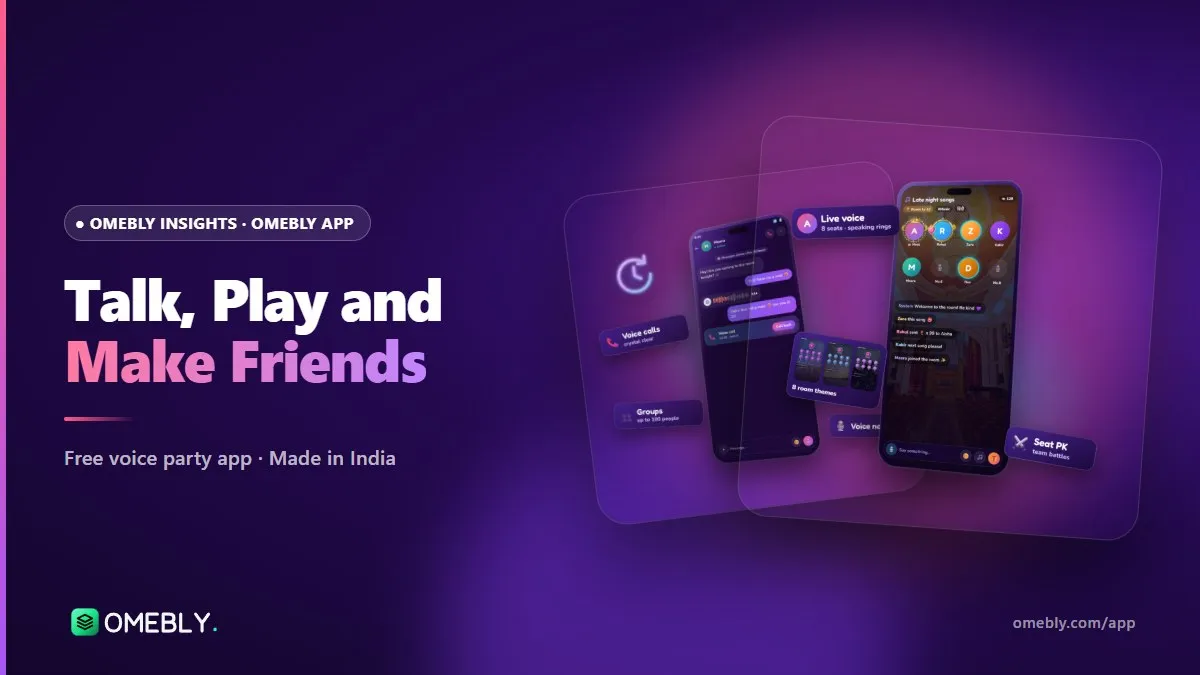 Omebly voice chat room on an Android phone with friends seated in a live voice party
