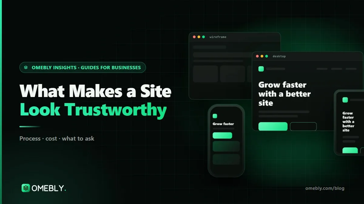 A business homepage on a laptop with trust elements highlighted: clear headline, real team photo, contact details and policies