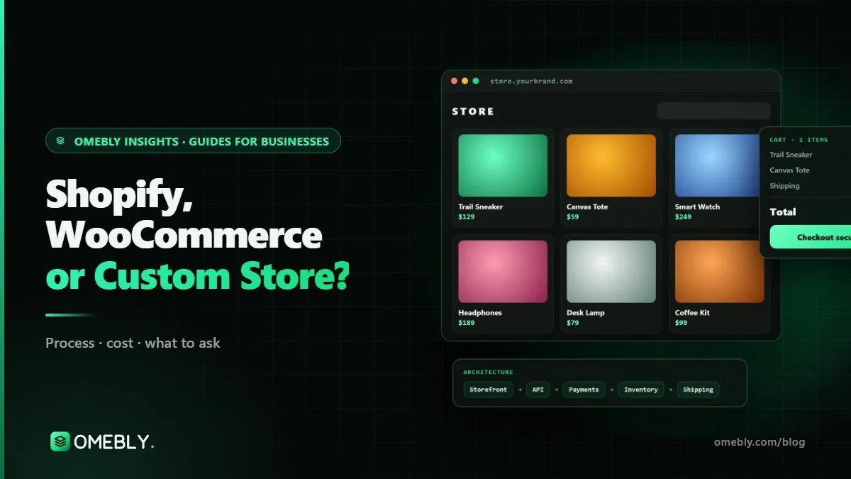 Three online store layouts on three devices compared side by side on a seller's desk