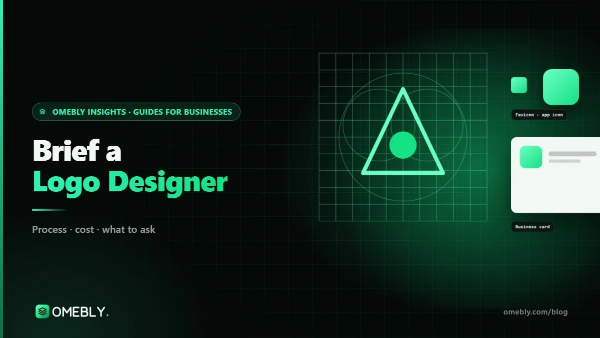 A one-page logo design brief on a desk beside pencil sketches of a simple geometric mark