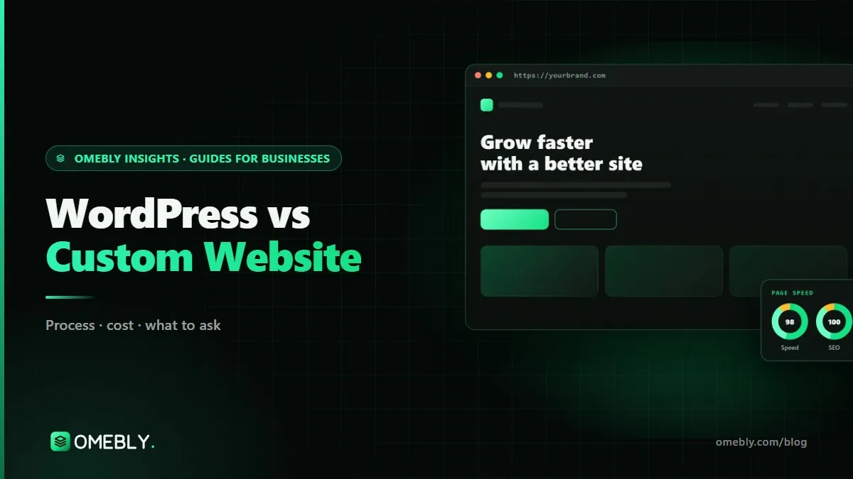 A cluttered plugin-heavy website dashboard beside a clean, fast custom-coded business website on a laptop