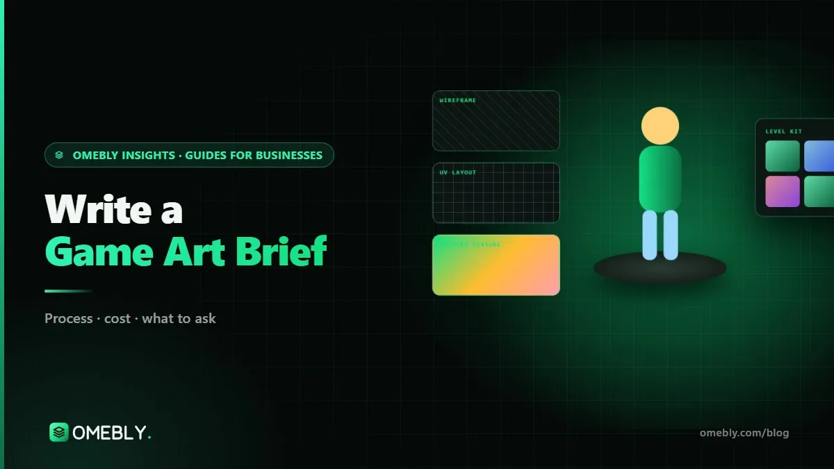A mood board of game references next to a printed art brief with an asset list and technical budgets