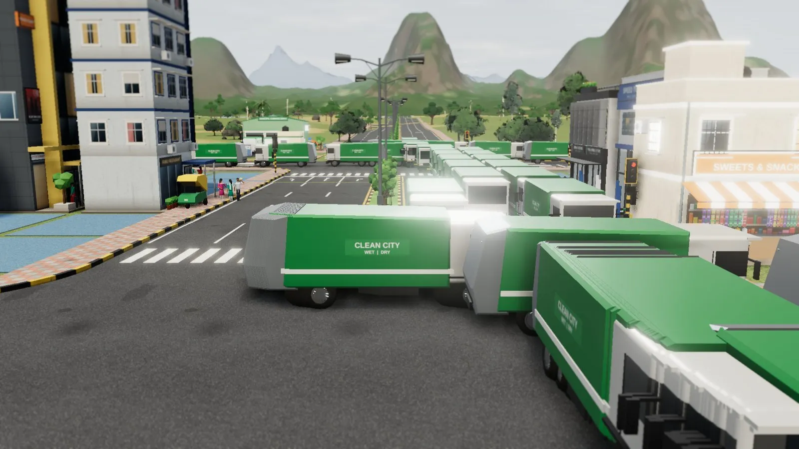 A street in Omebly Dream City: low-poly Indian-style shops and apartments, a line of green Clean City garbage trucks and hills on the horizon