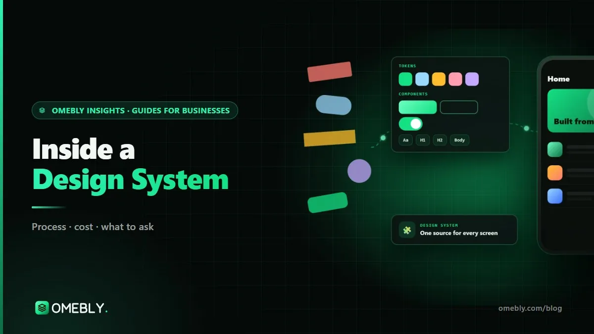 Layers of a design system: colour and spacing tokens at the base, components in the middle and a finished app screen on top