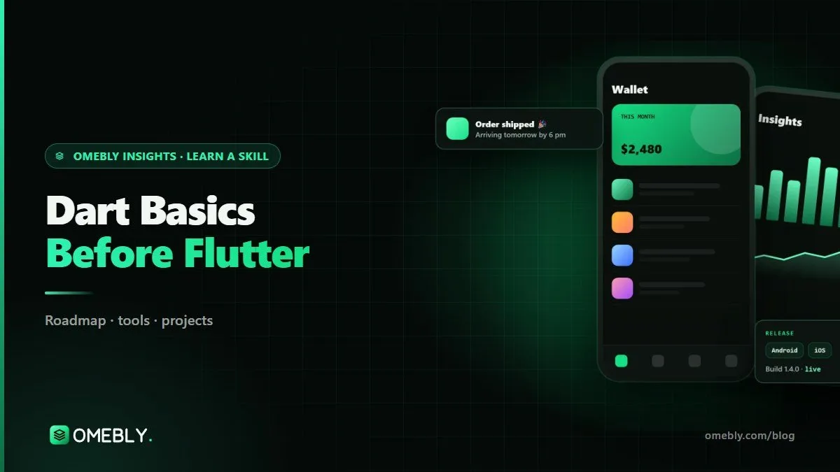Code editor showing short Dart examples beside a phone running a simple Flutter screen