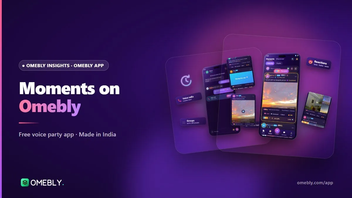 A phone showing the Omebly Moments feed with a voice note waveform, a photo grid and a colourful text post