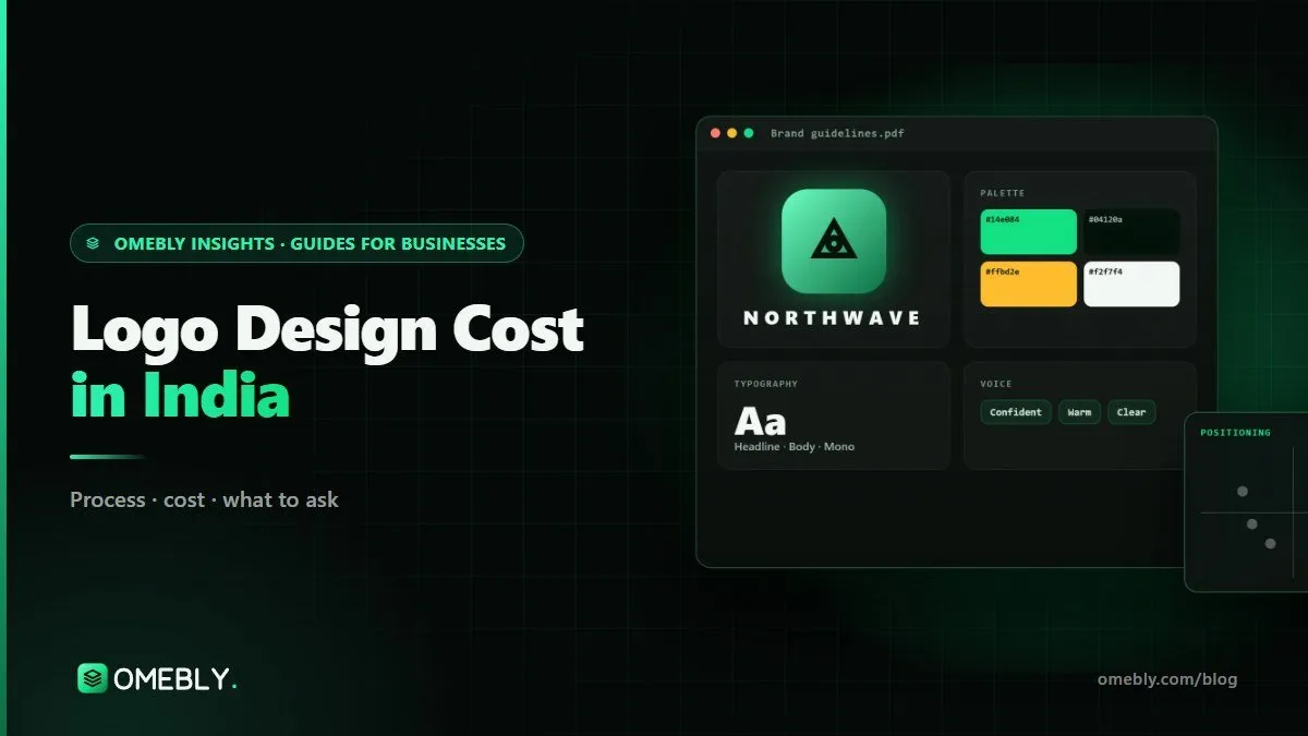 Three logo concept sketches on a desk beside a colour palette card and an itemised design quote