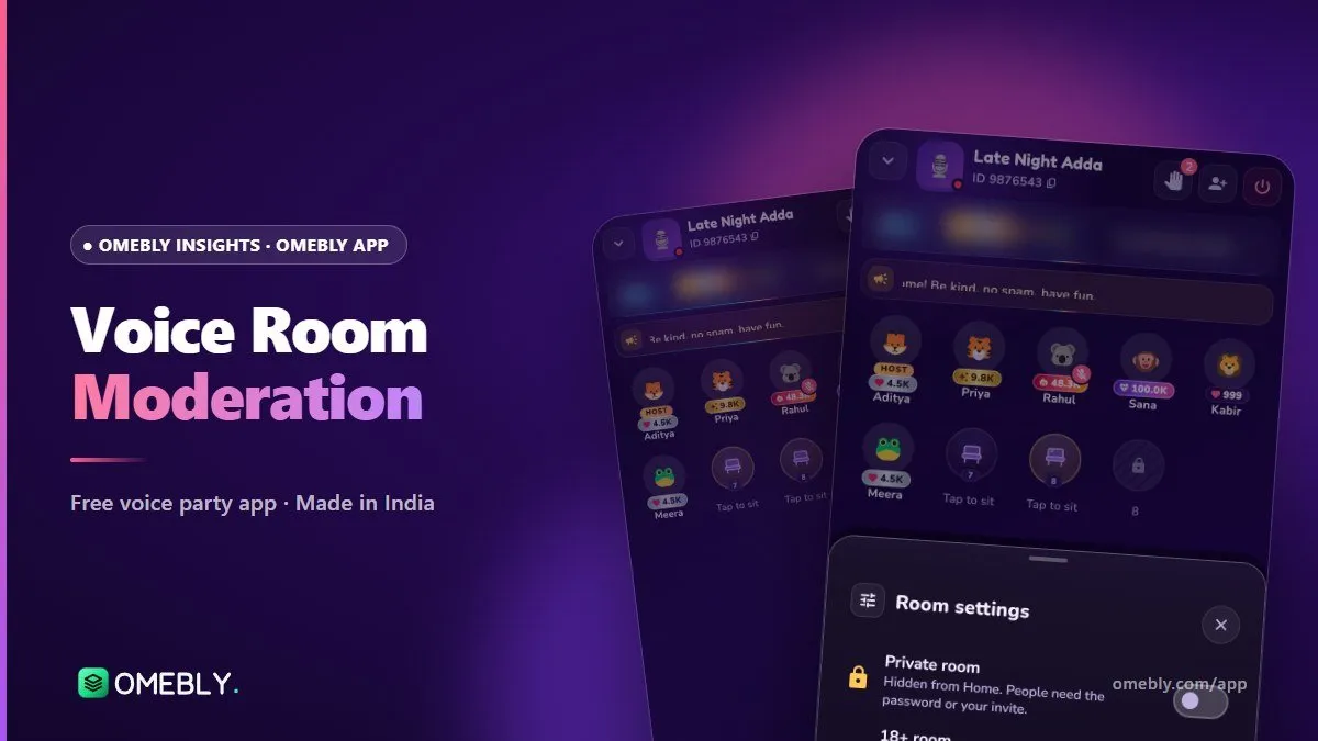 An Omebly room owner and two admins calmly managing seats and chat in a busy voice room