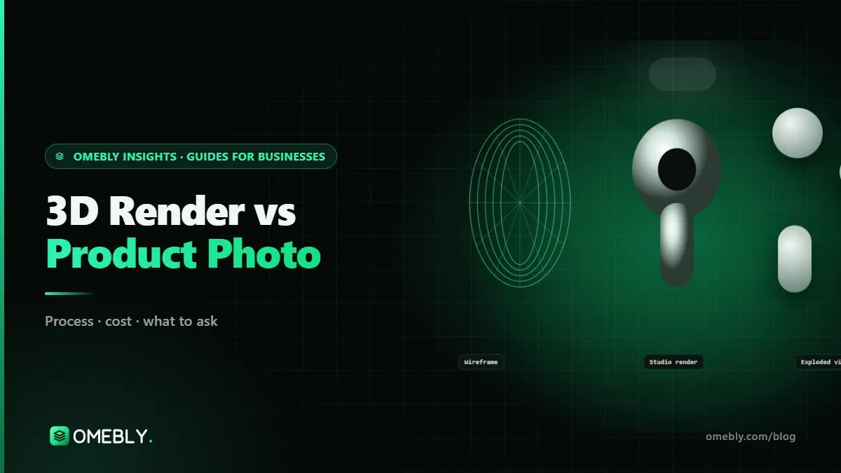 A split image of the same wireless speaker: on the left a studio photograph, on the right a 3D render with an exploded view of its parts