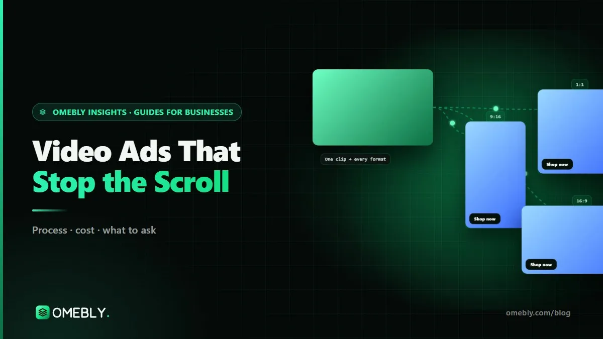 A thumb pausing mid-scroll over a vertical video ad showing a product close-up, a bold caption and a call-to-action button