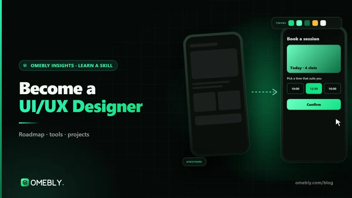 A UI/UX designer arranging mobile app wireframes and components in Figma on a laptop
