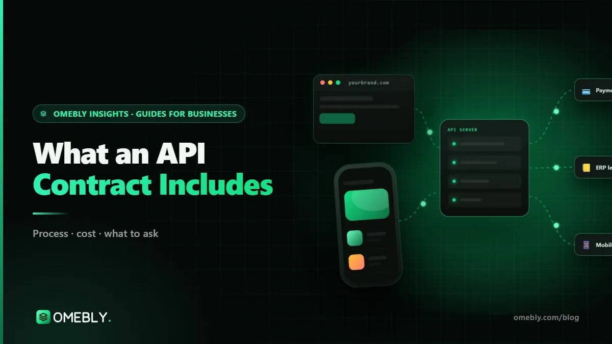 An API specification document being signed off, with lines connecting a website, a mobile app and a server