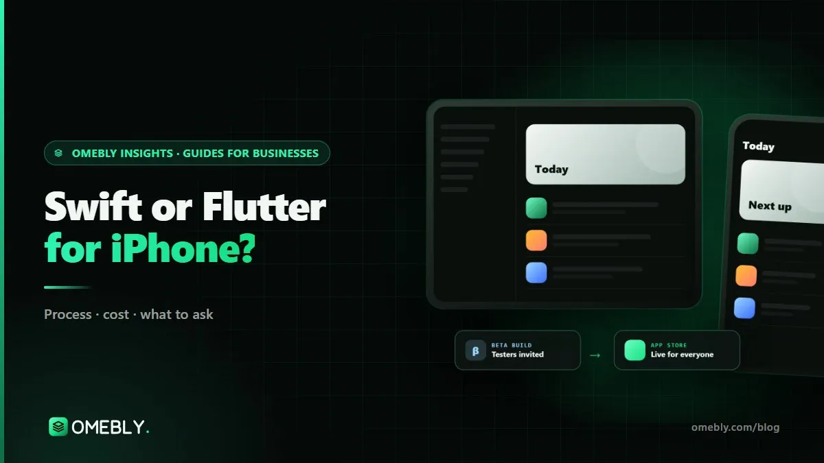 An iPhone between two labelled paths, one marked Swift and one marked Flutter