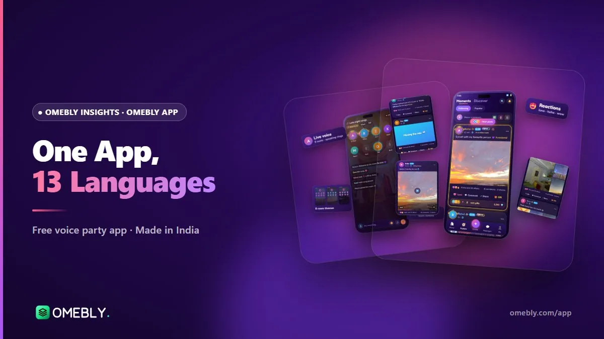 Omebly app language picker showing Hindi, Bengali, Tamil and other Indian languages