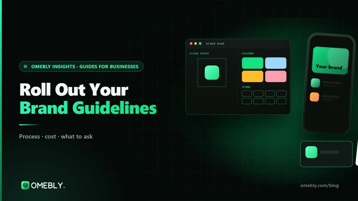 A brand book open on a meeting table while team members' laptops show matching on-brand slides and social posts