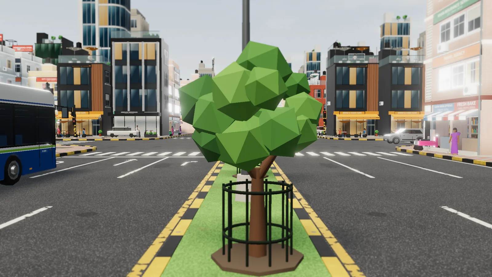 Street-level view of a Dream City boulevard with a tree in the median, a blue city bus and shops on both sides