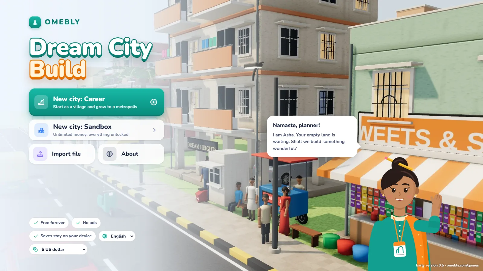 Dream City's start screen: New city Career, New city Sandbox, Import file and About buttons, with Asha the guide saying Namaste, planner! in front of a street of shops
