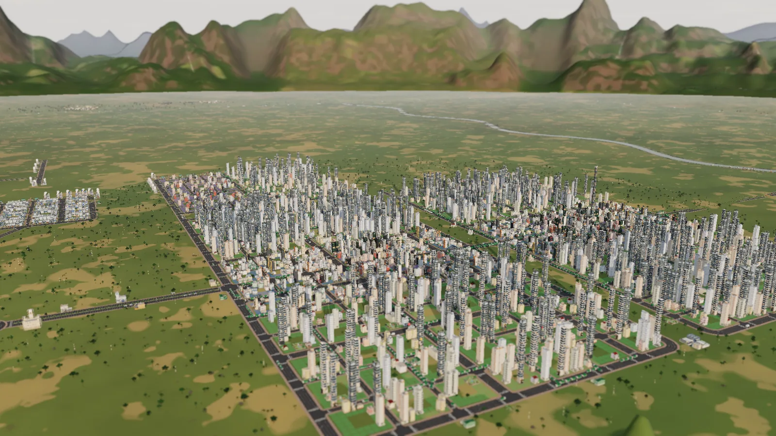 A wide view of a Dream City metropolis on a plain, with a ring of green mountains behind it