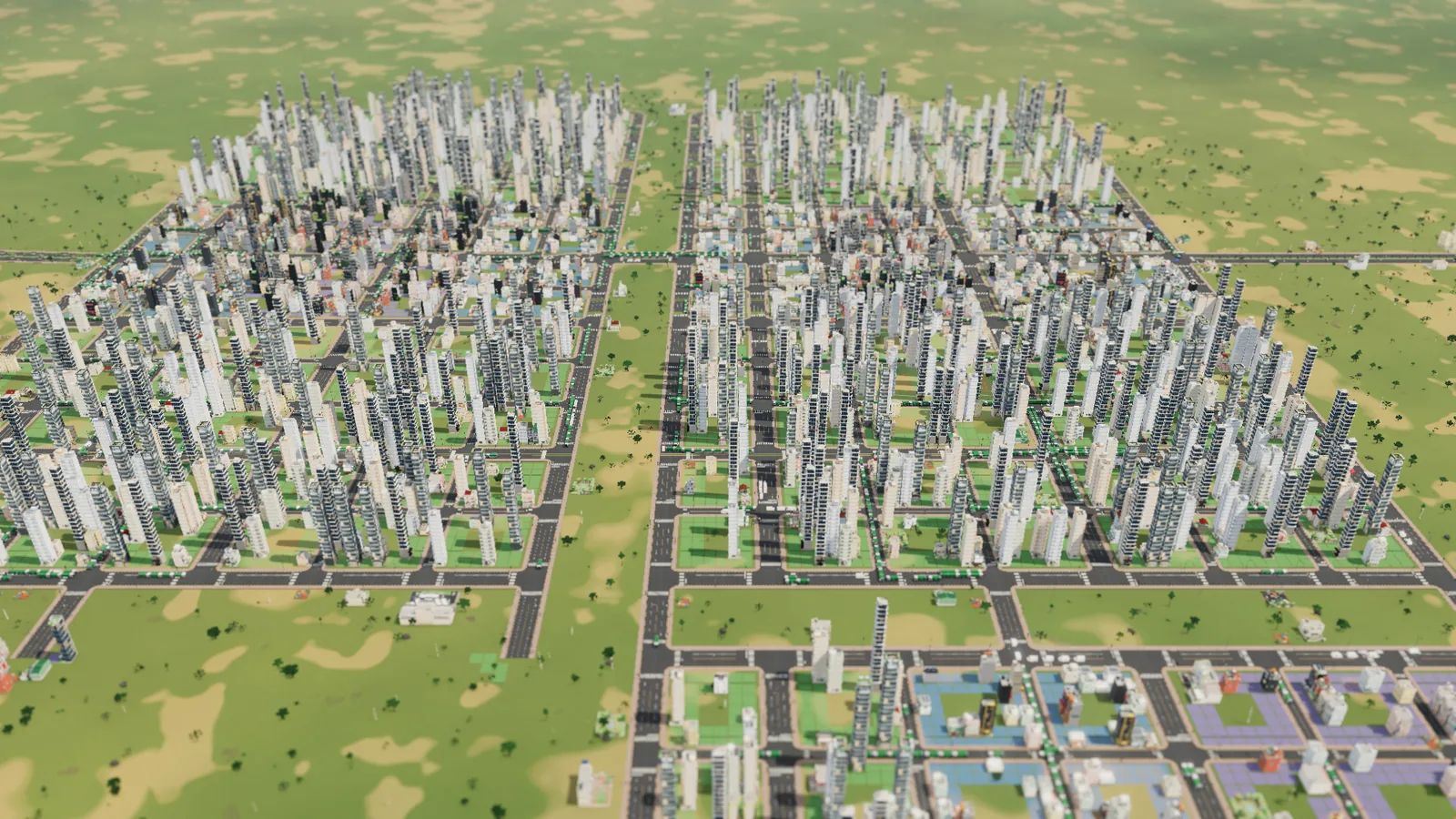A big Dream City seen from above: a grid of white apartment towers, green parks and wide avenues spread across the map