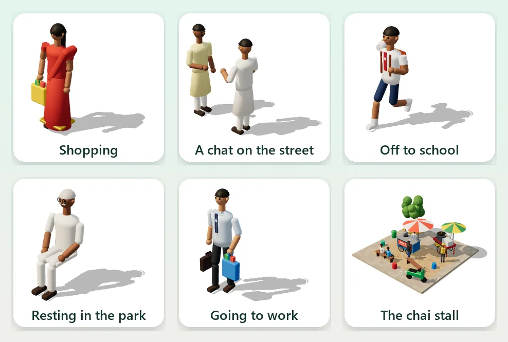 Dream City residents: a woman in a saree shopping, two men chatting, a schoolboy running, an elderly man resting, an office worker and a chai stall