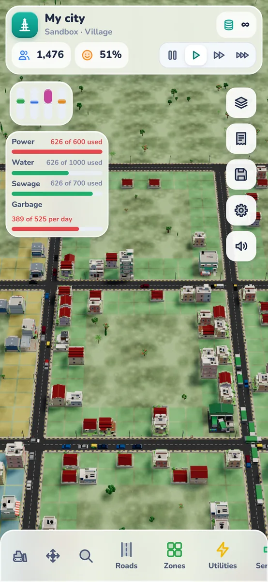 Dream City on a phone screen, with a small town, the population and happiness bar and the build toolbar