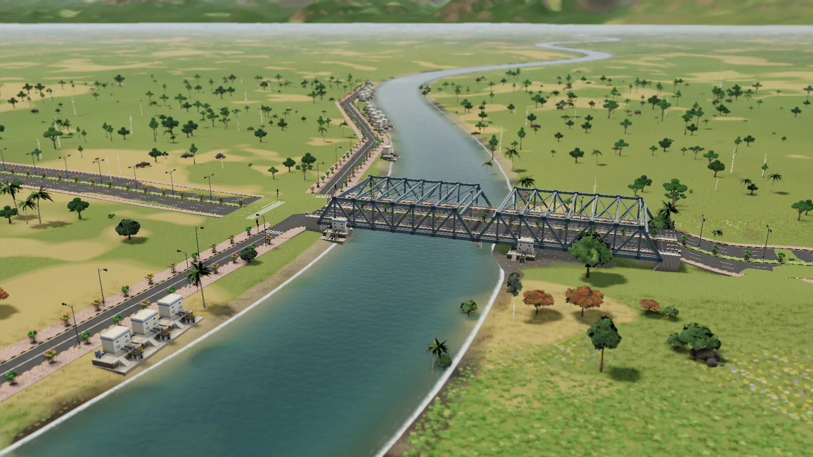 A steel truss bridge carrying a road over a winding river in Dream City, with trees and fields on both banks