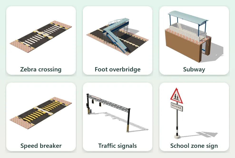 Road safety pieces in Dream City: zebra crossing, foot overbridge, subway, speed breaker, traffic signals and a school zone sign