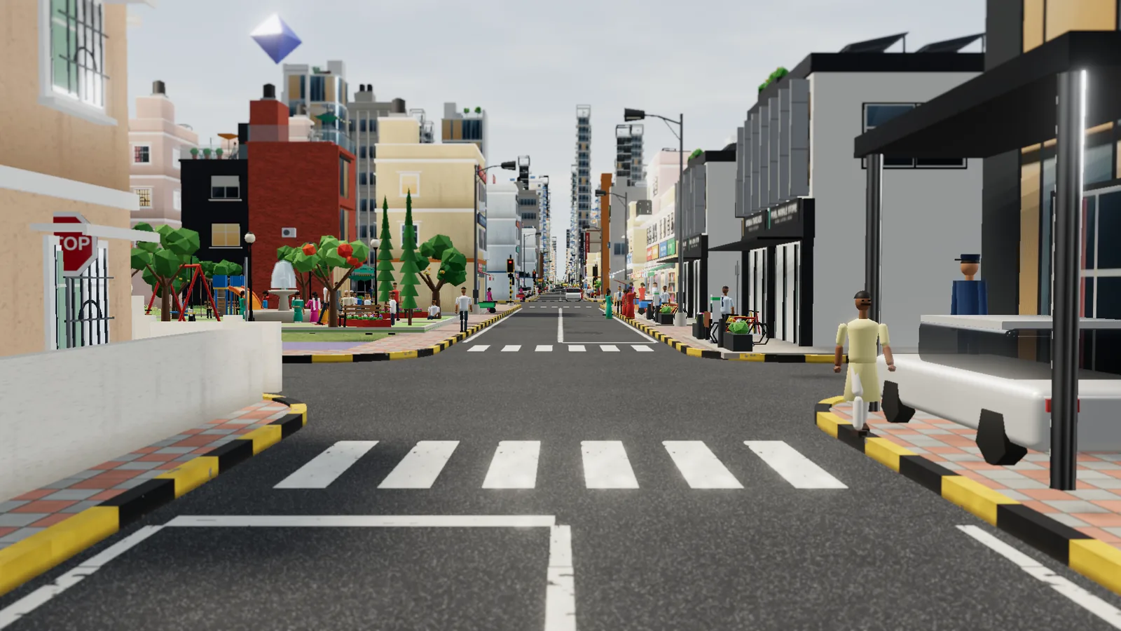 Street-level view in Dream City: a zebra crossing on a city street, with people on the pavement, shops and apartment blocks