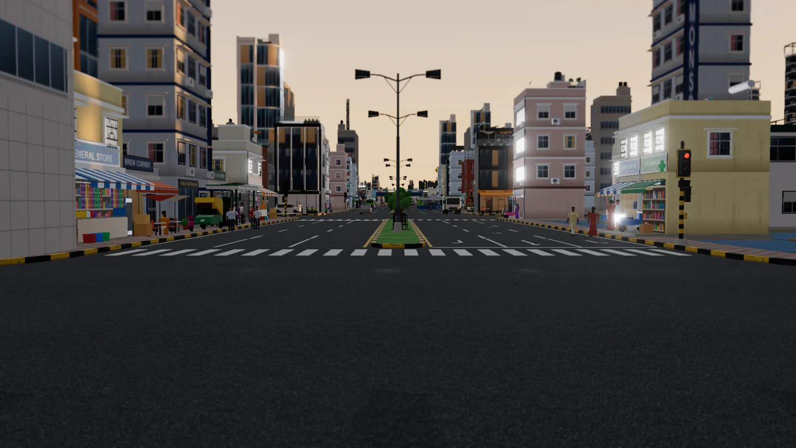Street-level view of a Dream City boulevard at sunset, with street lights, traffic signals and shops along both sides