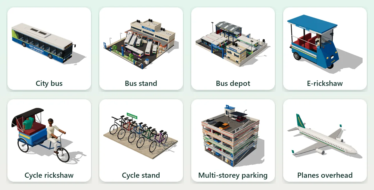 Dream City transport: city bus, bus stand, bus depot, e-rickshaw, cycle rickshaw, cycle stand, multi-storey parking and a plane overhead