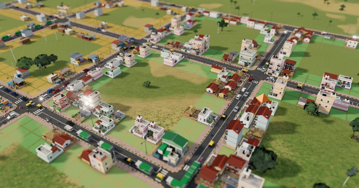 An Indian town growing in Omebly Dream City Build, with busy roads, buses, homes, shops and green plots seen from above